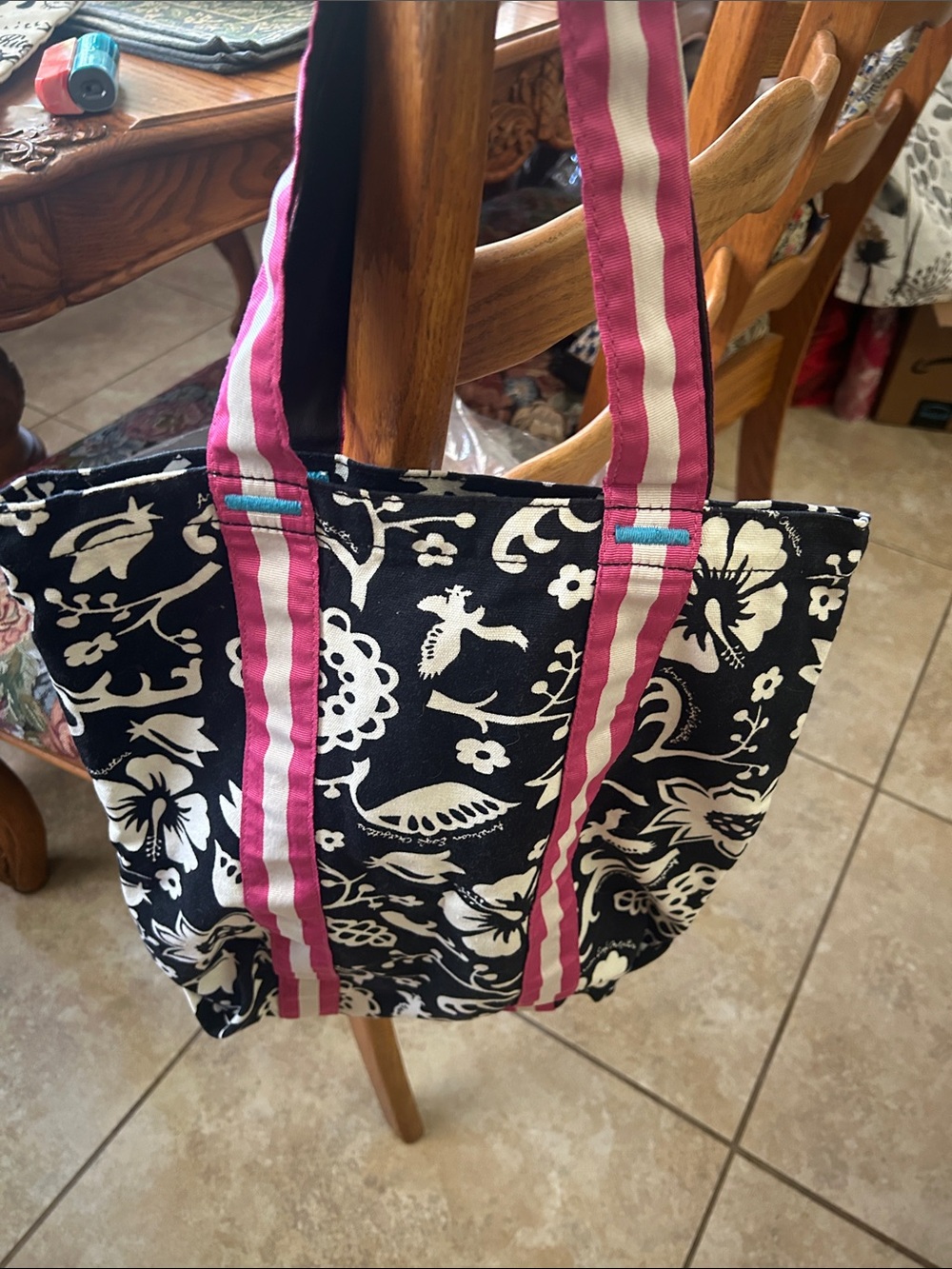 American Eagle Outfitters Black & White Floral Tote with Pink Striped Handles